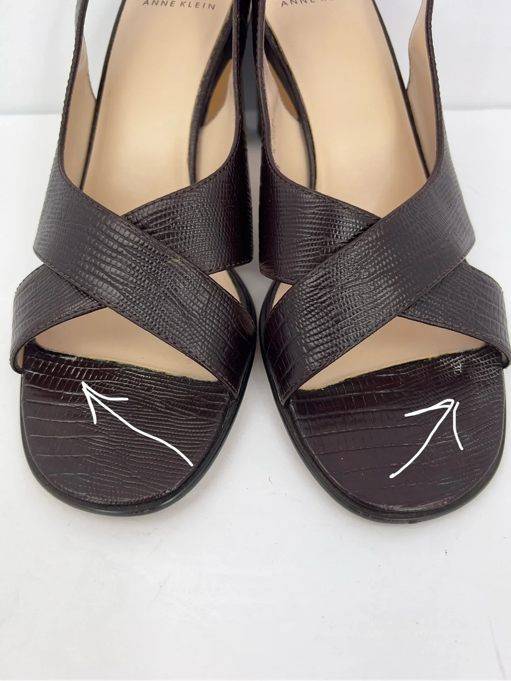 AK2 ANNE KLEIN VTG BROWN CROC EMBOSSED LEATHER SLING BACK, BLOCK HEEL SANDALS 7M